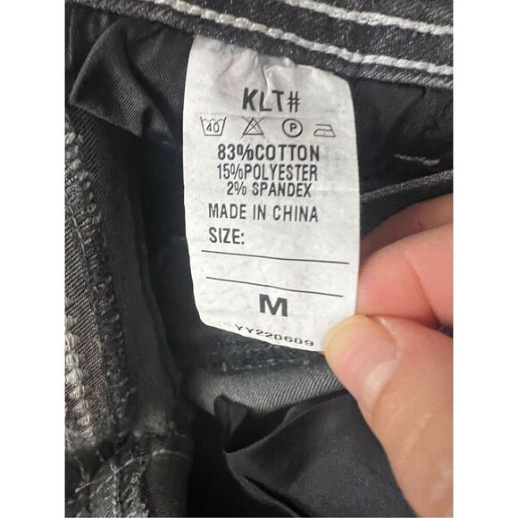 Women Grey Skull Wings Rhinestone Embroidered Stretch Denim Straight Jeans M - Picture 8 of 10